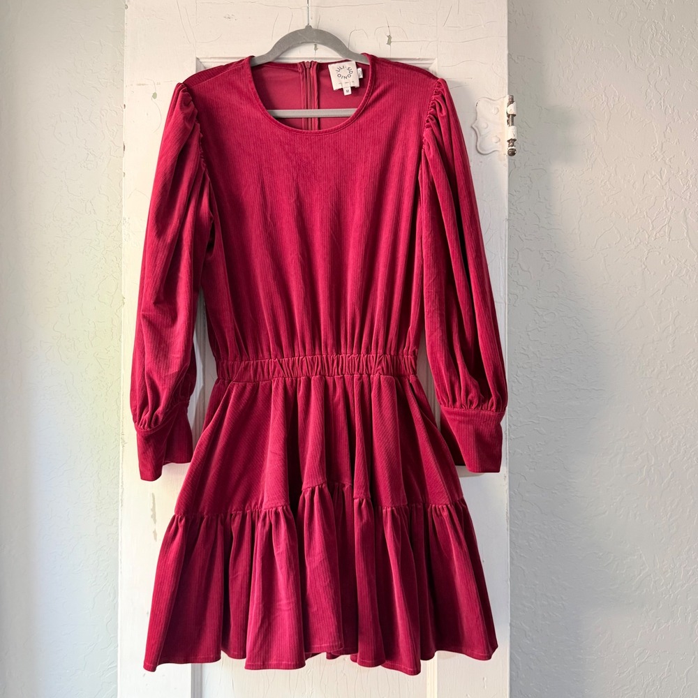 Lili Sidonio Magenta Corduroy Puff Sleeve Tiered Ruffle Skort Romper M